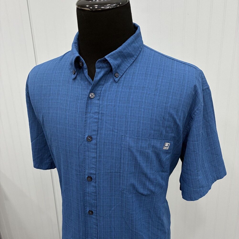 Huk Fishing Men's XXL Blue Polyester Short Sleeve Lightweight Button-Front Shirt - Picture 2 of 7
